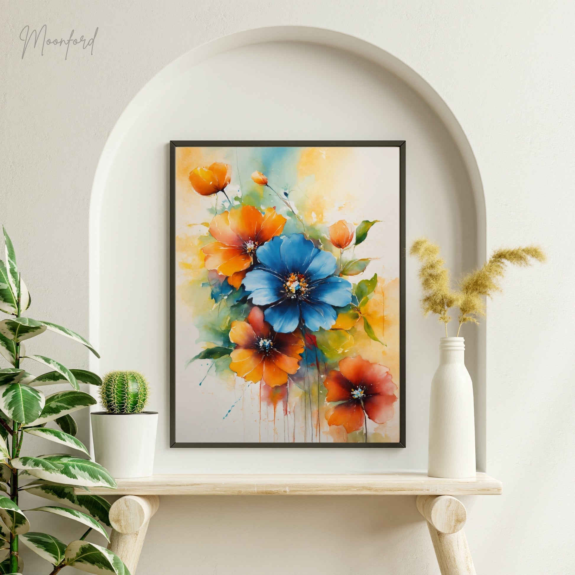 vibrant floral print, watercolor flower art, blue and orange flowers, botanical wall art, digital download print, floral home decor, watercolor bouquet print