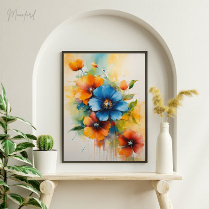 vibrant floral print, watercolor flower art, blue and orange flowers, botanical wall art, digital download print, floral home decor, watercolor bouquet print