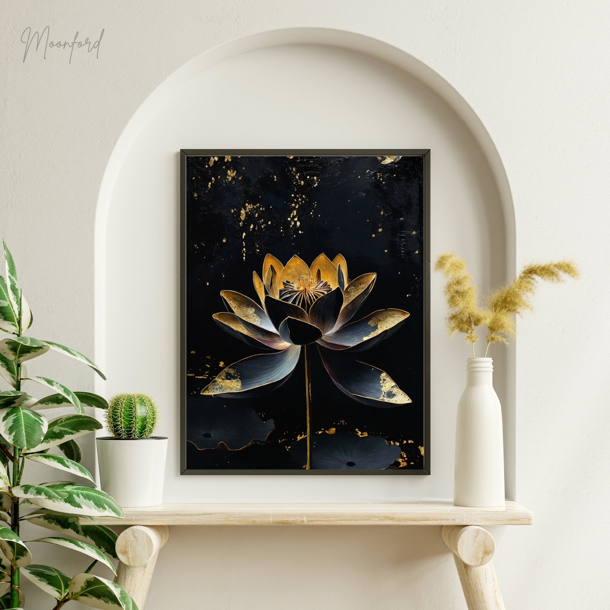 Black and gold lotus flower digital art print displayed on a white shelf with potted plants.