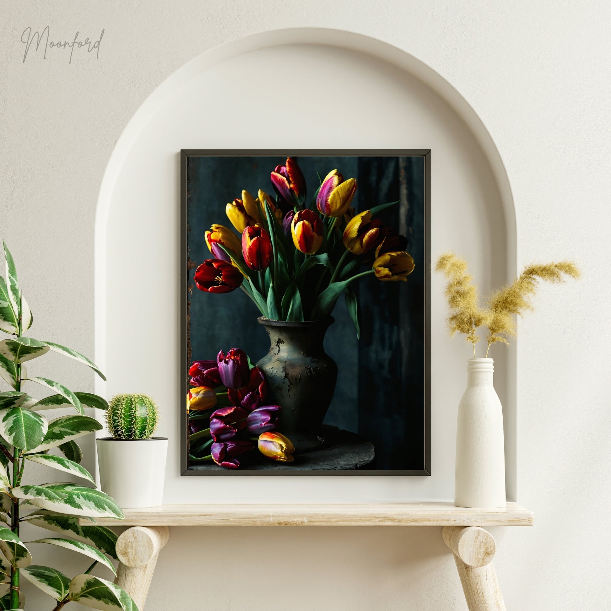 Digital art print of a vibrant tulip bouquet in an elegant vase, perfect for floral-inspired home decor.