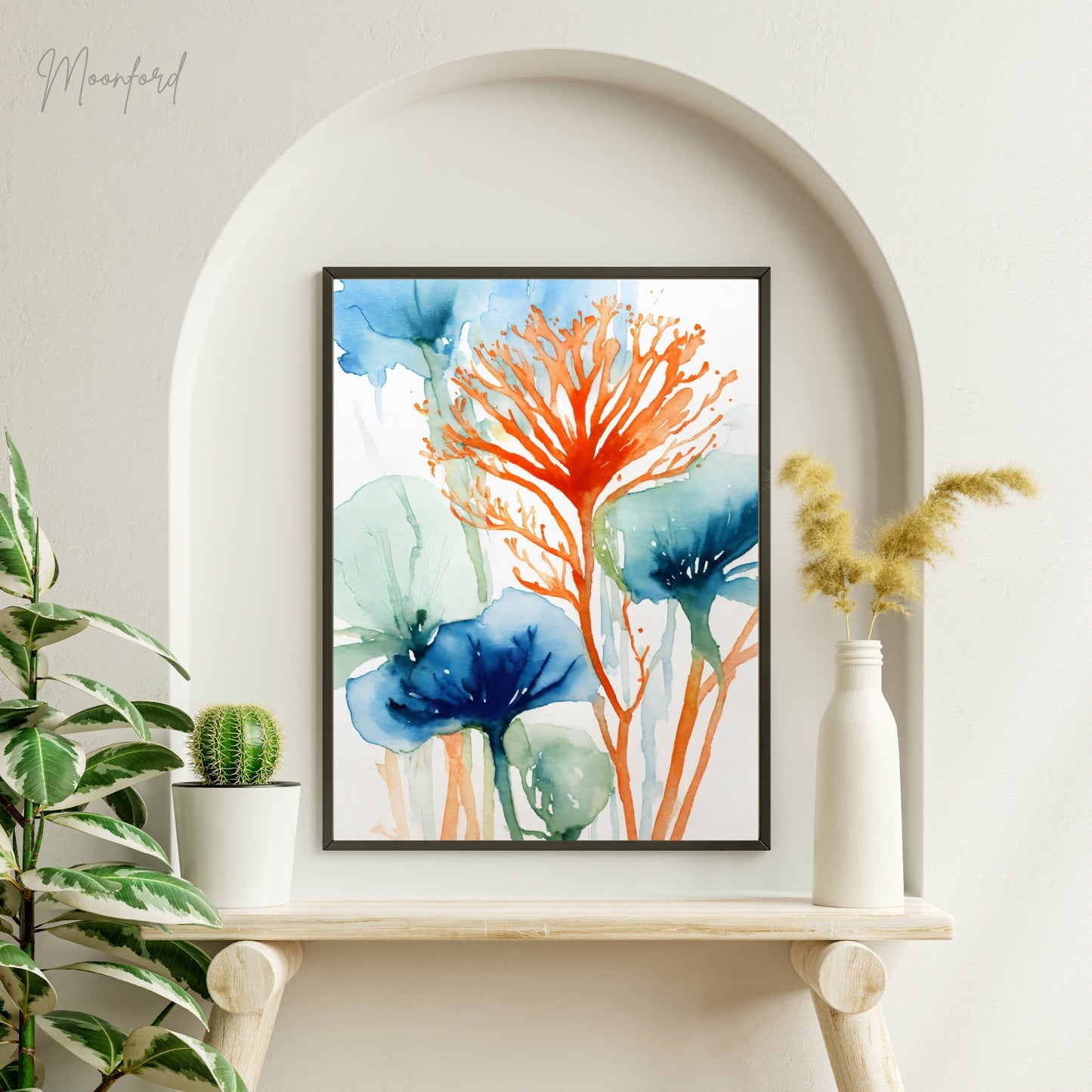 abstract botanical print, watercolor floral art, blue and orange flowers, nature-inspired wall art, digital download print, botanical watercolor, modern floral decor, minimalist wall art, abstract flower illustration