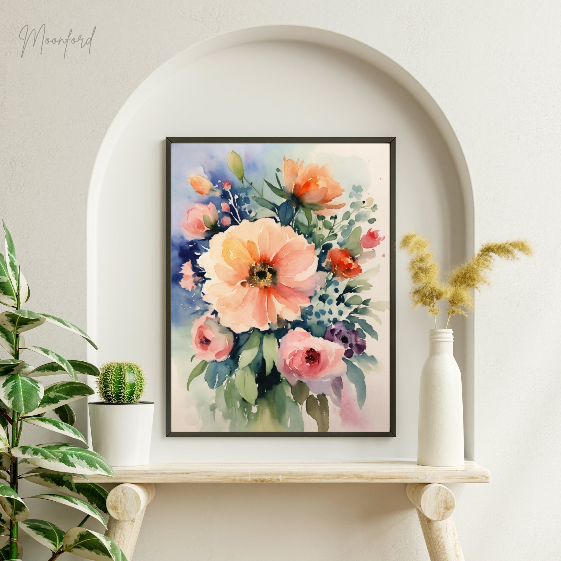 watercolor floral bouquet, soft pastel flowers, romantic botanical art, digital download print, floral wall decor, watercolor botanical, nature-inspired wall art, instant download art, pastel flower print, boho floral decor, romantic flower illustration