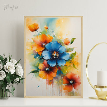 vibrant floral print, watercolor flower art, blue and orange flowers, botanical wall art, digital download print, floral home decor, watercolor bouquet print