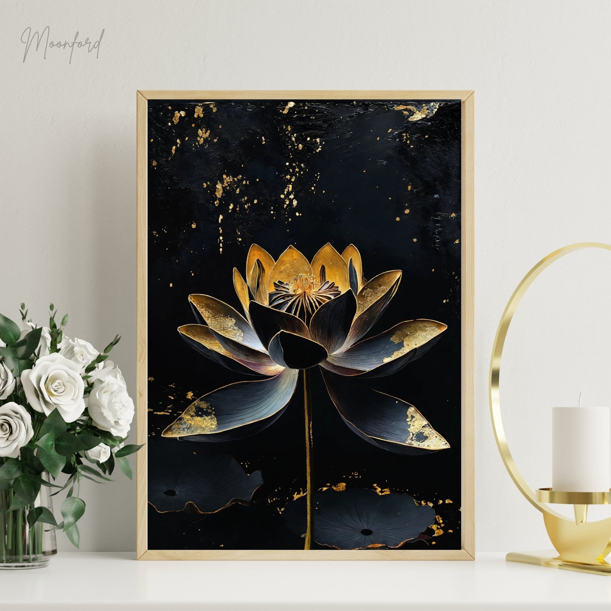 Black and gold lotus flower digital art print displayed on a white shelf with potted plants.