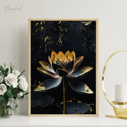 Black and gold lotus flower digital art print displayed on a white shelf with potted plants.