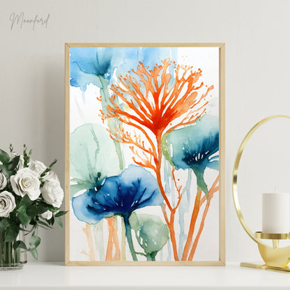 abstract botanical print, watercolor floral art, blue and orange flowers, nature-inspired wall art, digital download print, botanical watercolor, modern floral decor, minimalist wall art, abstract flower illustration