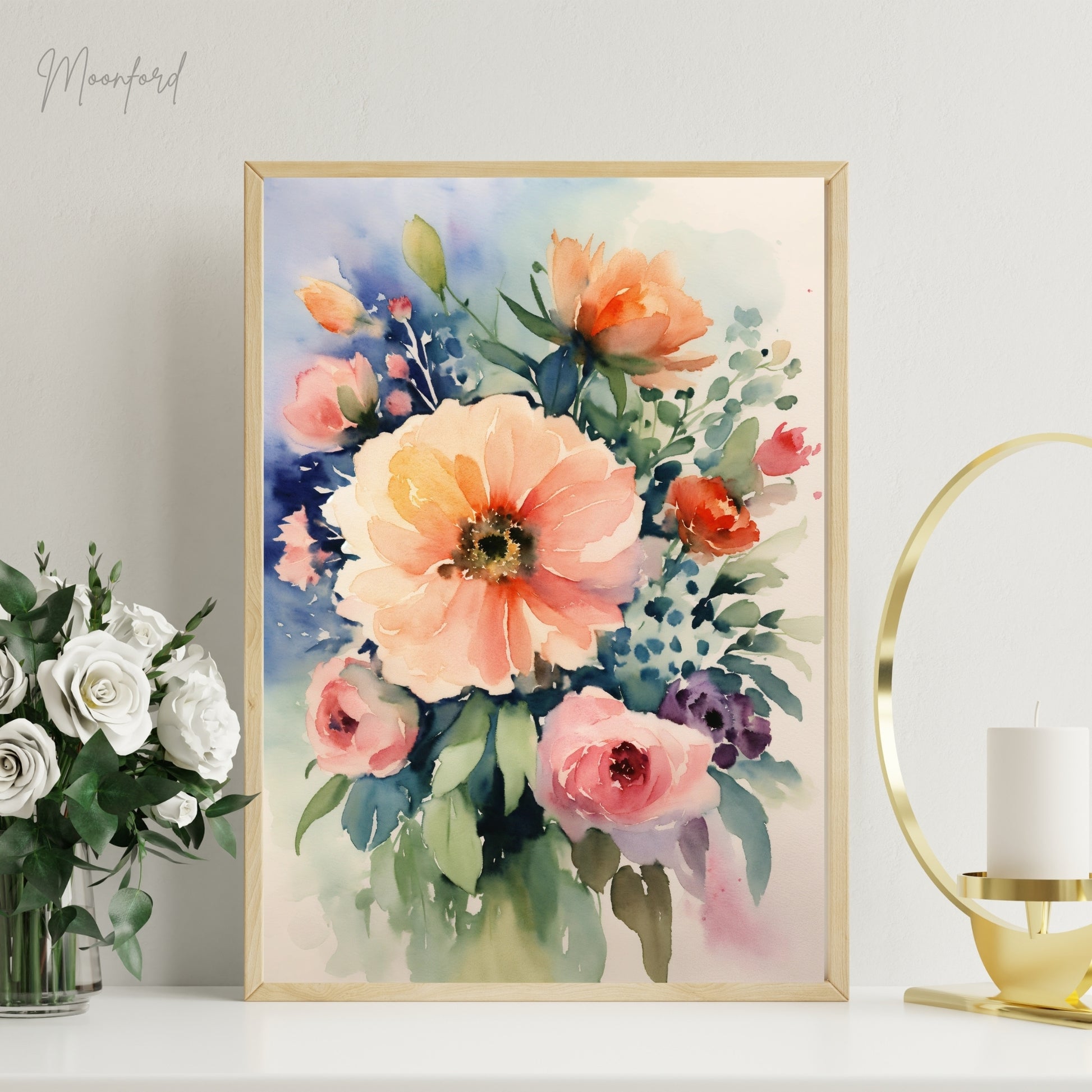 watercolor floral bouquet, soft pastel flowers, romantic botanical art, digital download print, floral wall decor, watercolor botanical, nature-inspired wall art, instant download art, pastel flower print, boho floral decor, romantic flower illustration