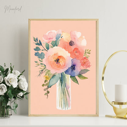 Watercolor Floral Bouquet Print - Pastel Flower Wall Art Digital Download