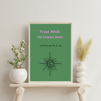 Islamic wall art, motivational Islamic print, trust Allah quote, Arabic calligraphy decor, Muslim home decor, Islamic inspirational poster, spiritual wall art, Quranic art, faith-based decor, Eid gift idea, Islamic typography, digital Islamic prints