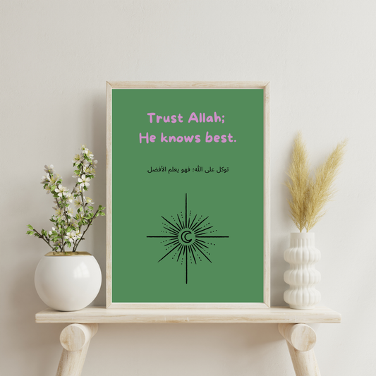 Islamic wall art, motivational Islamic print, trust Allah quote, Arabic calligraphy decor, Muslim home decor, Islamic inspirational poster, spiritual wall art, Quranic art, faith-based decor, Eid gift idea, Islamic typography, digital Islamic prints