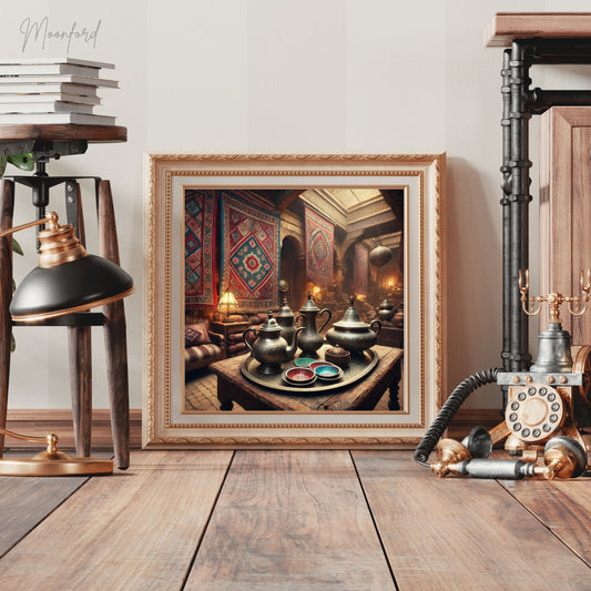 Vintage market wall art, Moroccan tea set decor, Boho home decor, Moroccan tapestries, Digital download print, Moroccan market photography