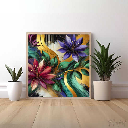 Golden Blossom, Floral Abstract Oil Painting, Modern Wall Art, Vibrant Flower Art, Contemporary Home Decor, Limited Edition Artwork, Unique Floral Art, Living Room Decor, Bedroom Wall Art, Office Decor, Moonford Art Collection