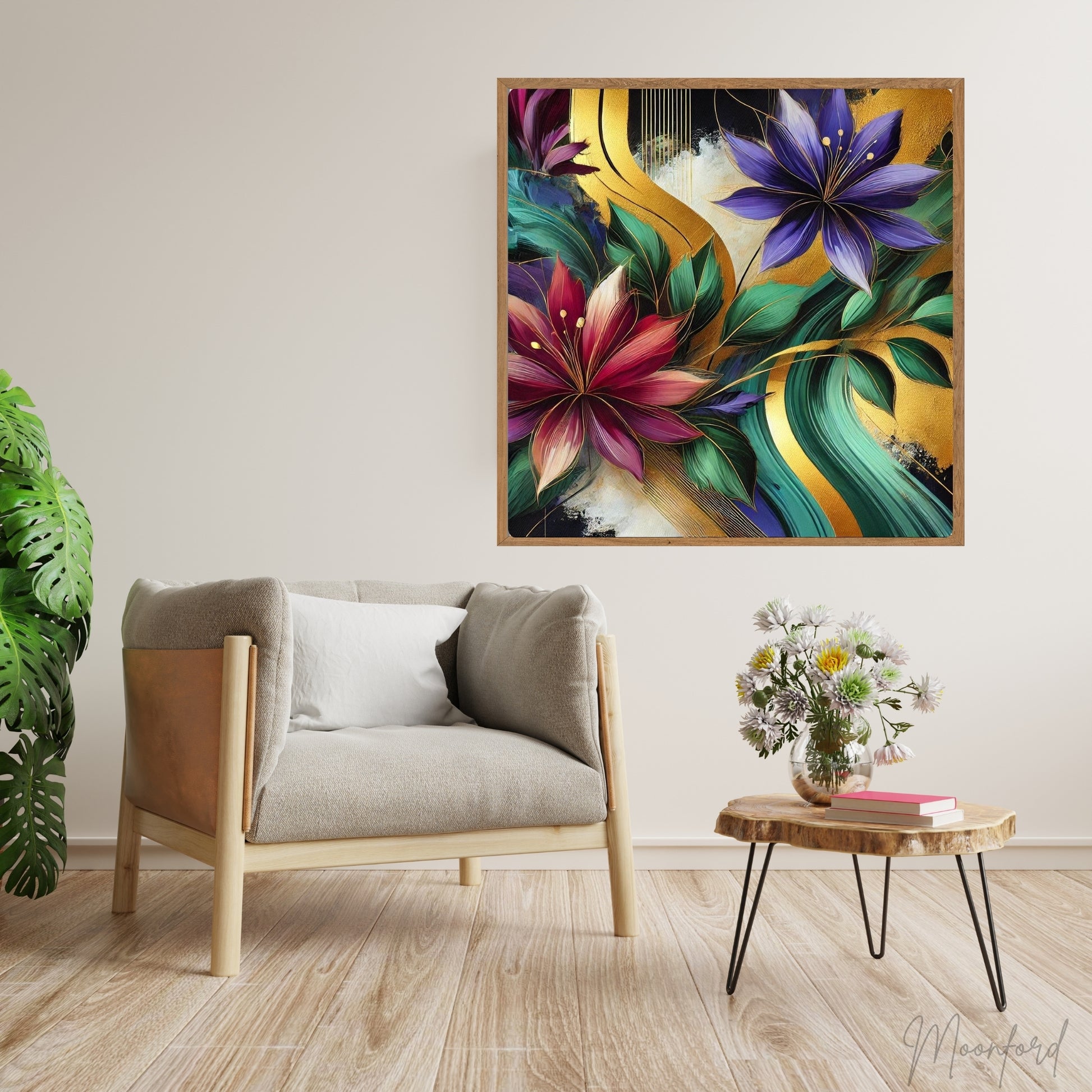 Golden Blossom, Floral Abstract Oil Painting, Modern Wall Art, Vibrant Flower Art, Contemporary Home Decor, Limited Edition Artwork, Unique Floral Art, Living Room Decor, Bedroom Wall Art, Office Decor, Moonford Art Collection